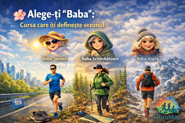 Ilustrație cu trei alergători pe asfalt, trail și munte, sub trei personaje simbolice „Baba Senină”, „Baba Schimbătoare” și „Baba Aspră”, reprezentând alegerea sezonului de alergare pe RunMap.ro.