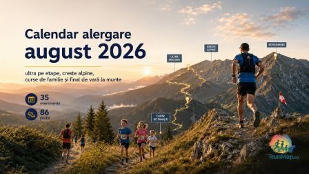Calendar alergare august 2026, cu alergători montani și copii pe trasee alpine, 35 de evenimente și 86 de probe RunMap.