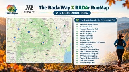 Radar RunMap pentru perioada 2–4 octombrie 2026, cu evenimente de șosea, trail, ultramaraton, alergare nocturnă și curse family din România.
