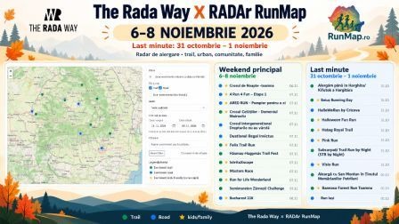 The Rada Way × RADAr RunMap pentru 6–8 noiembrie 2026, cu 13 evenimente de trail, șosea, night run, obstacle race și multisport.