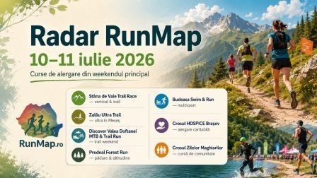 Cover Radar RunMap pentru cursele de alergare din weekendul 10–11 iulie 2026, cu logoul RunMap, alergători pe traseu montan și lista evenimentelor principale: Stâna de Vale Trail Race, Zalău Ultra Trail, Discover Valea Doftanei MTB & Trail Run, Predeal Forest Run, Budeasa Swim & Run, Crosul HOSPICE