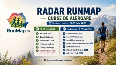 Cover Radar RunMap pentru cursele de alergare din weekendul 18–19 iulie 2026, cu logoul RunMap, alergător pe traseu montan și două coloane de evenimente: weekend principal 18–19 iulie și last minute 10–11 iulie. Imaginea include evenimentele Buila Trail Race, Burduf Challenge, Szent Gellért Cross,
