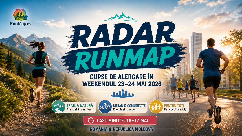 Imagine cover Radar RunMap pentru cursele de alergare din 23–24 mai 2026 în România și Republica Moldova, cu alergători pe trail montan și șosea urbană, plus secțiune last minute pentru 16–17 mai.