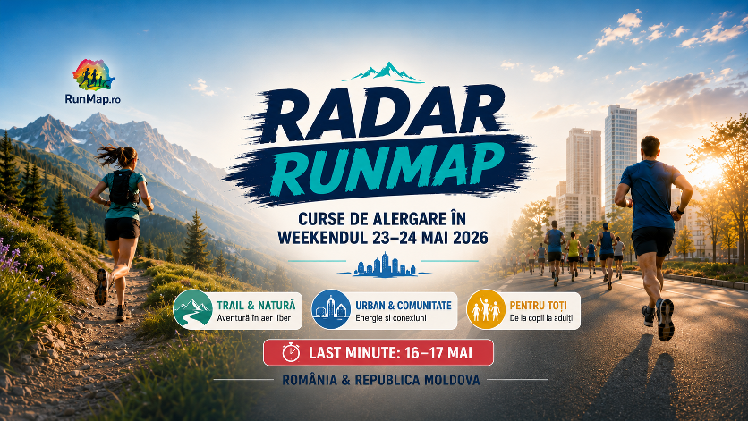 Imagine cover Radar RunMap pentru cursele de alergare din 23–24 mai 2026 în România și Republica Moldova, cu alergători pe trail montan și șosea urbană, plus secțiune last minute pentru 16–17 mai.