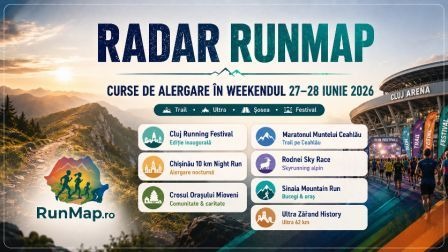 Cover Radar RunMap pentru cursele de alergare din weekendul 27–28 iunie 2026, cu Cluj Arena, traseu montan, logoul RunMap și cele șapte evenimente: Cluj Running Festival, Chișinău 10 km Night Run, Crosul Orașului Mioveni, Maratonul Muntelui Ceahlău, Rodnei Sky Race, Sinaia Mountain Run și Ultra