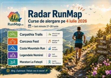 Cover Radar RunMap pentru cursele de alergare din 4 iulie 2026, cu logoul RunMap, alergător pe traseu montan și lista evenimentelor principale: Carpathia Trails, Corcova Fest, Cozia Mountain Run, Legendele Nemirei și Maraton La Fetești.