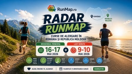 Imagine promoțională Radar RunMap pentru curse de alergare în România și Republica Moldova, weekendul 16–17 mai 2026 și last minute 9–10 mai, cu alergători pe trail și șosea.