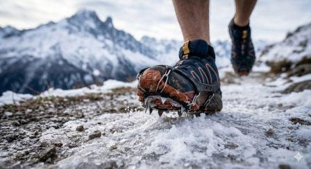 Alergător pe o potecă alpină îngustă, cu porțiuni de zăpadă, pe fundal montan spectaculos, într-o imagine cover despre siguranța în cursele alpine, cu logo-ul RunMap în colțul stânga sus.